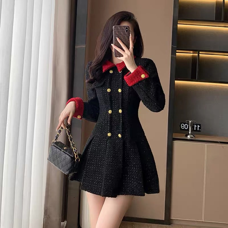 Early spring 2023 new tea break French Hepburn style small suit skirt for women high-end long-sleeved black dress