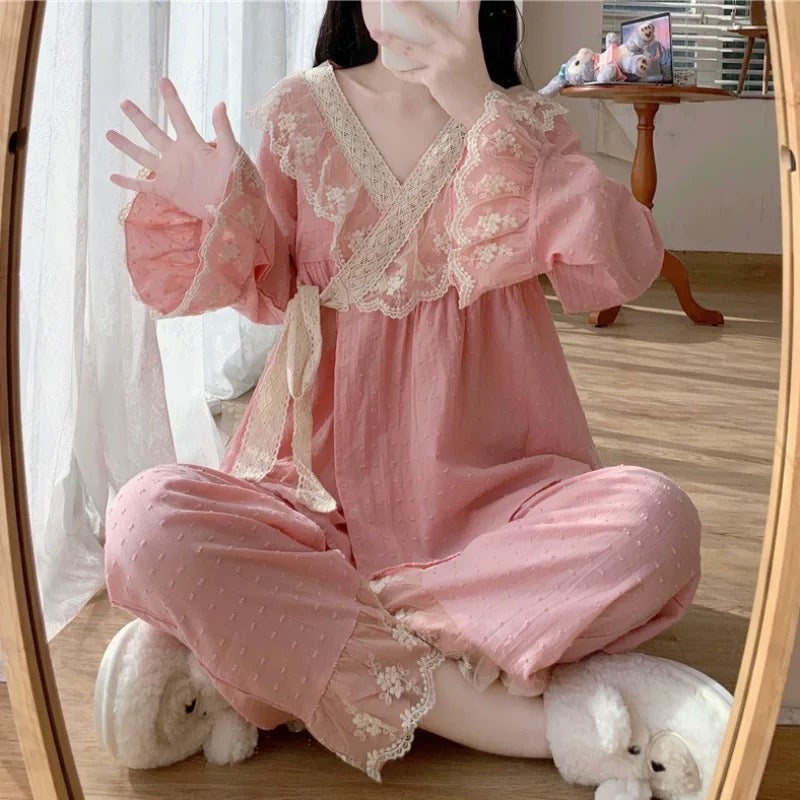 Long-sleeved suit pure cotton pajamas for women pure desire style 2023 new palace style home clothes two-piece set autumn women's style
