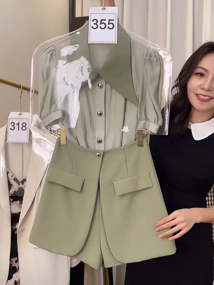 2023 new summer style internet celebrity small fragrant style high-end small dress casual short-sleeved shirt shorts two-piece suit for women