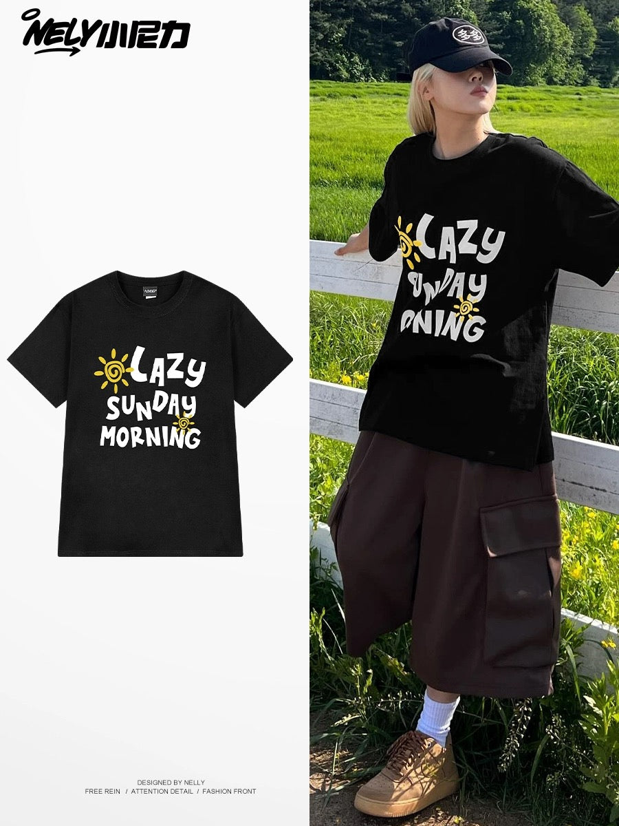 nely summer letter sun print short-sleeved T-shirt for men and women ins summer trend loose couple tops
