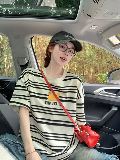 Striped short-sleeved T-shirt for women 2025 new summer American bear embroidery design loose trendy half-sleeved top