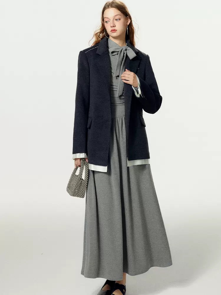 BOHOL BLING mint is not cool, off-shoulder pleated slim long-sleeved A-line long bottoming dress for women in autumn and winter