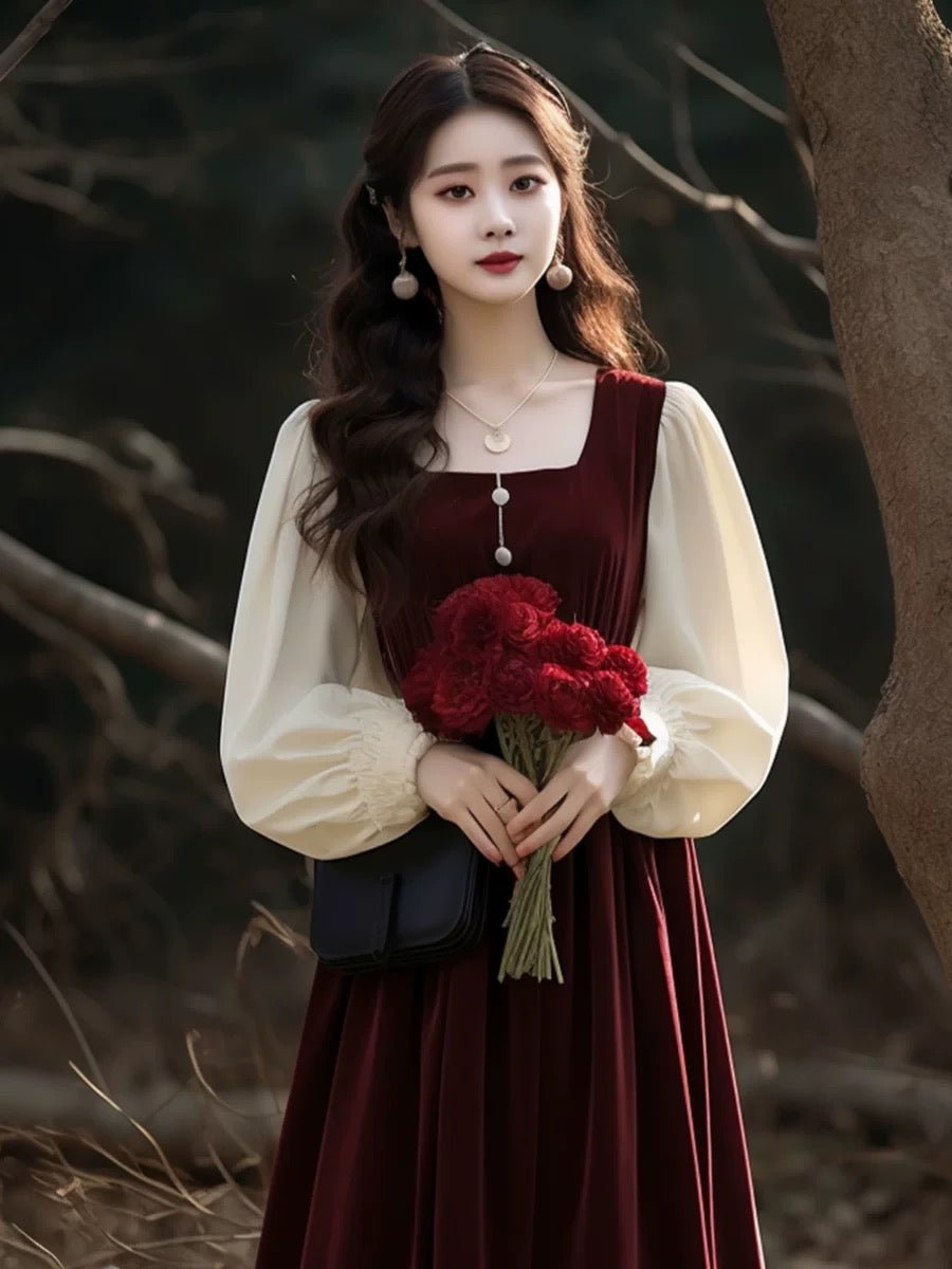 French high-end, super nice-looking little fragrant style retro velvet red dress women's autumn engagement dress toasting dress