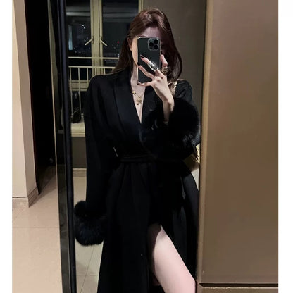 Audrey Hepburn-style black woolen coat, elegant, high-end and super good-looking, waist-cinched suit-style mid-length woolen coat for winter