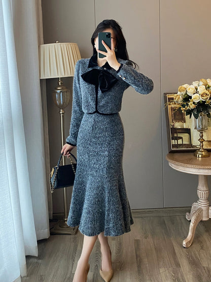 Xiaoxiangfeng short top, slimming fishtail skirt suit, fashionable and western-style two-piece dress that reduces age, looks slimming and covers the flesh.