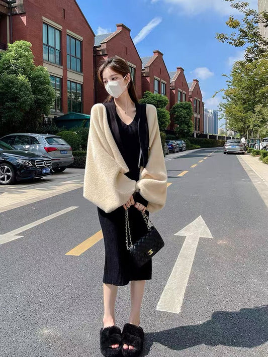 Lin Yan'er suit skirt women's autumn and winter 2023 new cardigan suspender knitted dress elegant lady two-piece set (S184)