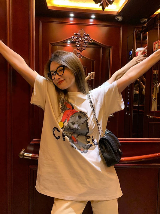 Luoluo Xianjie Apricot short-sleeved T-shirt Women's 2024 spring and summer new design niche loose printed top