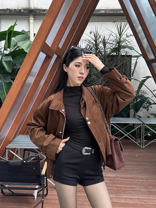 [Brother Luo] American retro loose casual jacket for women 2023 autumn and winter new dark brown short suede jacket (A9985)