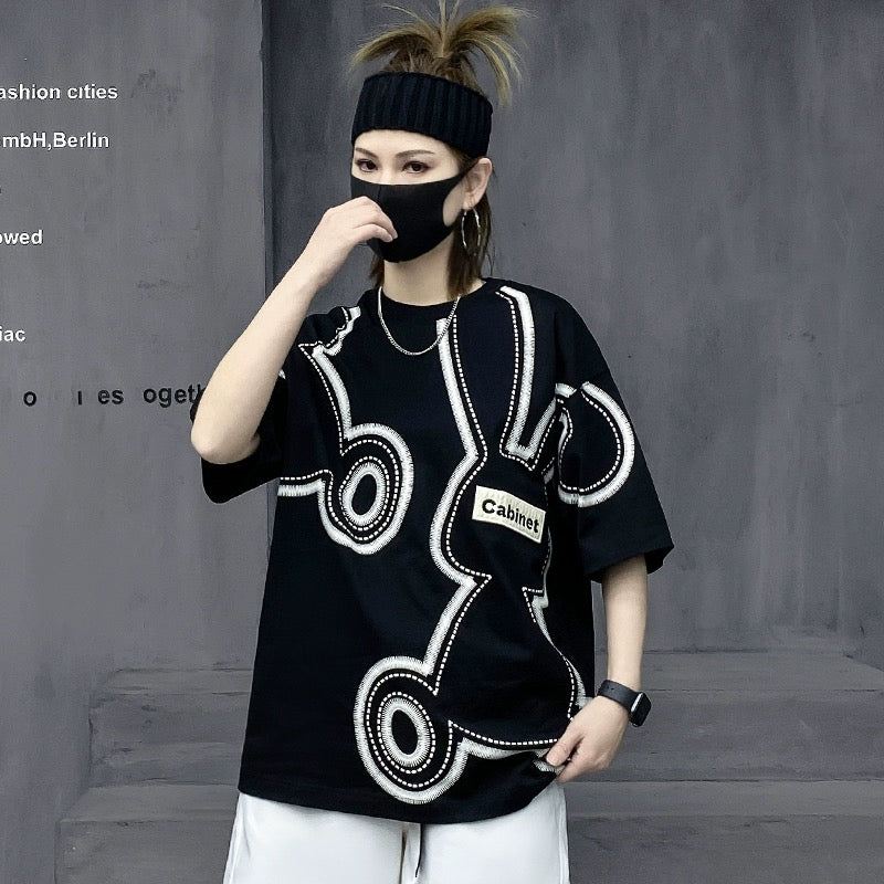 M family fashion brand European station 2023 new summer cartoon rabbit black short-sleeved t-shirt women's loose top ins trend