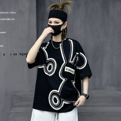 M family fashion brand European station 2023 new summer cartoon rabbit black short-sleeved t-shirt women's loose top ins trend