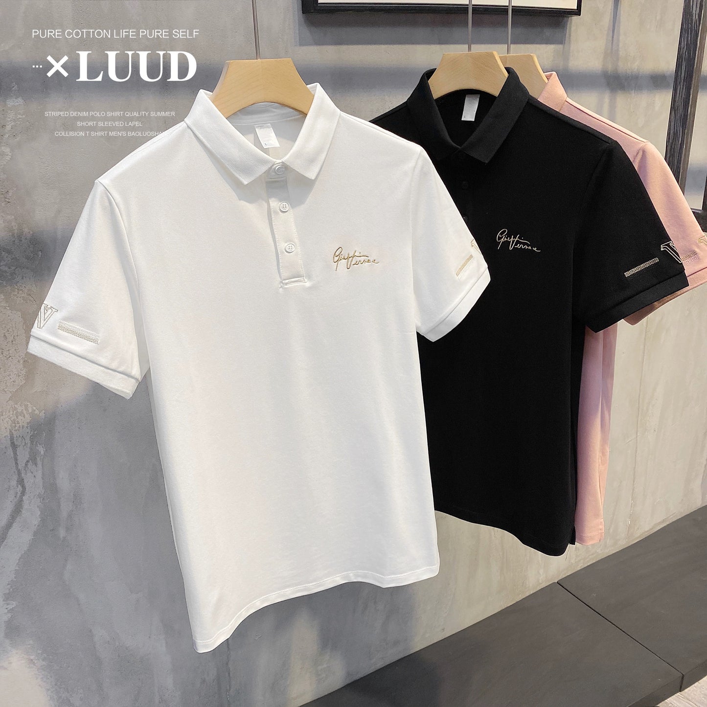 LUUD handsome art sign embroidery men's polo Paul top fashion simple short-sleeved slim-fit short-sleeved shirt tide
