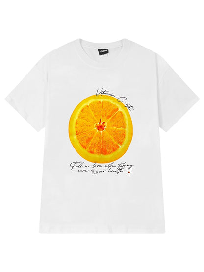 2024 summer new orange print cotton short-sleeved T-shirt men and women trendy casual loose round neck top half sleeve