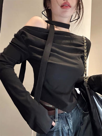 Sweet hot girl sexy one-word off-shoulder short bottoming shirt women's top design chic ribbon long-sleeved t-shirt early autumn