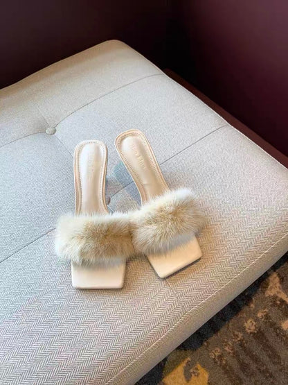 Women's sandals 2023 summer new style European and American style fashionable mink hair sexy temperament stiletto high heel flip flops