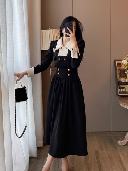 French retro small fragrance square collar dress women's 2023 autumn new Hepburn style high-level high-waisted dress