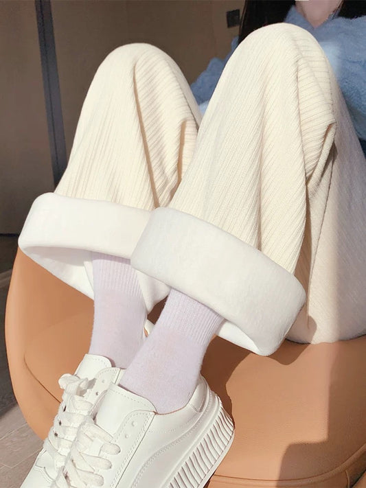 Chenille plus velvet wide-leg pants for women autumn and winter 2023 new high-waist drape casual straight-leg white pants for small people