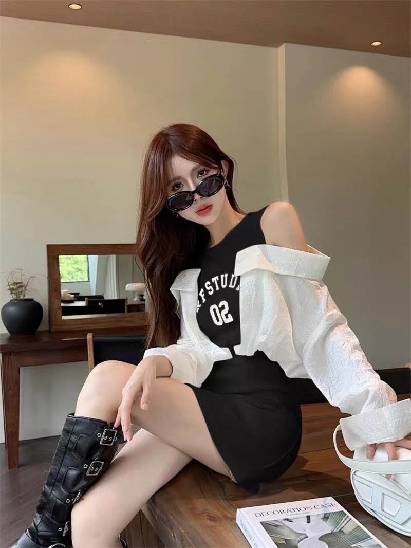 Vest stitching strapless shirt dress female early autumn hot girl sexy bag hip skirt design sense niche shirt skirt