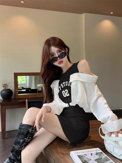 Vest stitching strapless shirt dress female early autumn hot girl sexy bag hip skirt design sense niche shirt skirt