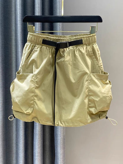 Summer workwear short skirt for women 2023 thin drawstring elastic waist large pockets A-line age-reducing flower bud skirt to prevent exposure