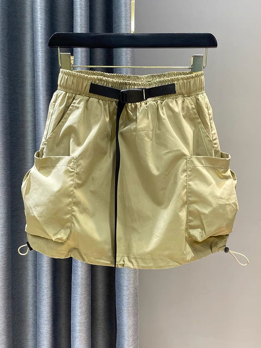 Summer workwear short skirt for women 2023 thin drawstring elastic waist large pockets A-line age-reducing flower bud skirt to prevent exposure