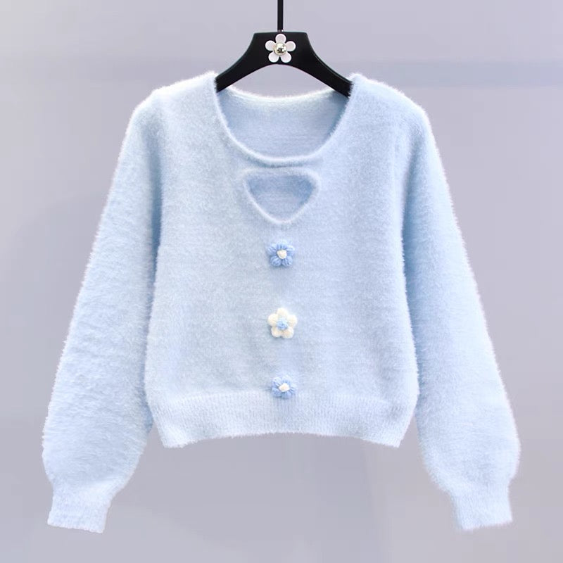 Small fresh three-dimensional small flower mink velvet sweater for women autumn and winter 2023 new Japanese design short knitted top (S3332)