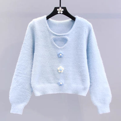 Small fresh three-dimensional small flower mink velvet sweater for women autumn and winter 2023 new Japanese design short knitted top (S3332)