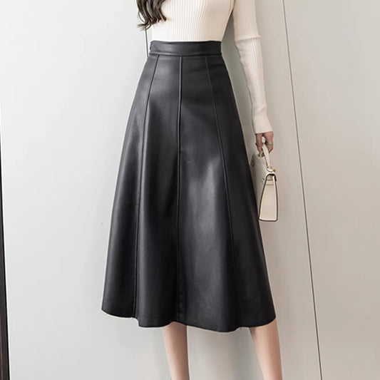 Leather skirt skirt for women 2023 autumn new style hip-hugging skirt high waist large swing umbrella skirt mid-length a-line slimming long skirt