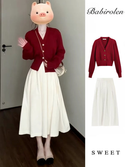 Women's Spring/Autumn Two-Piece Set: High-Waisted, Slim-Fit White Pleated Midi Skirt (Chic, Elegant, and Soft Style)