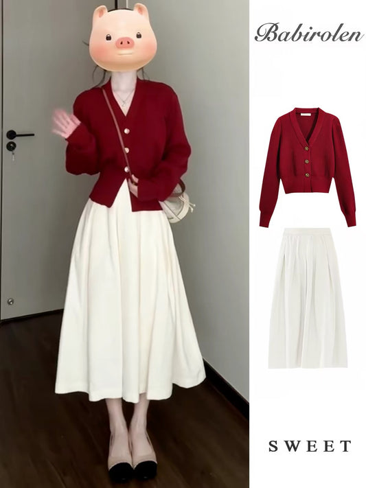 Women's Spring/Autumn Two-Piece Set: High-Waisted, Slim-Fit White Pleated Midi Skirt (Chic, Elegant, and Soft Style)