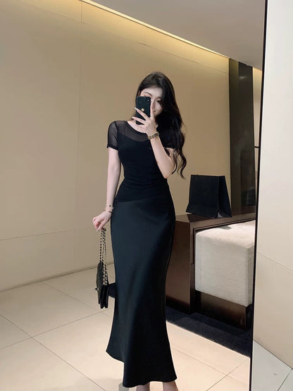 Lin Guanguan champagne imitation acetate satin skirt satin fishtail skirt white drape hip skirt
