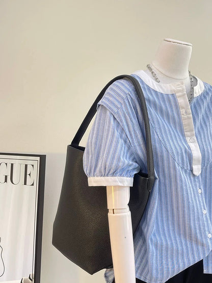 The last wave of new styles in summer~Spliced vertical striped shirts for women Summer design loose and slim short-sleeved tops