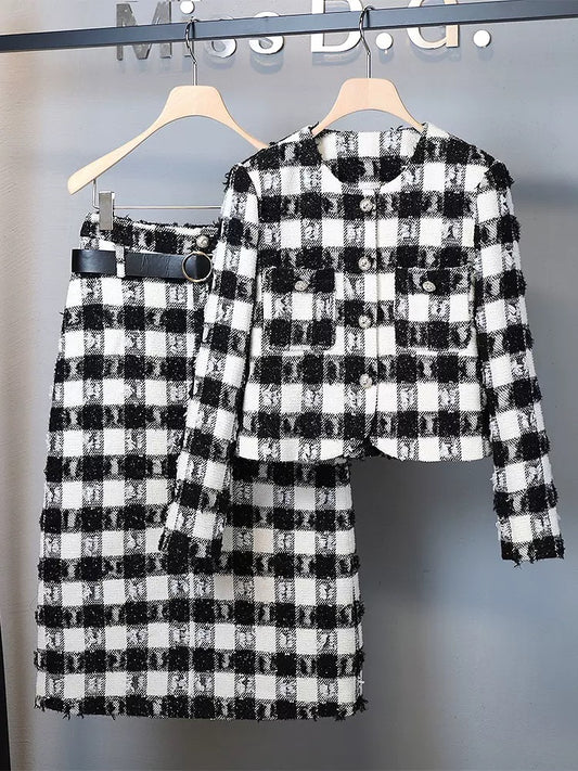 Miss DG Temperament Socialite Xiaoxiangfeng Fashion Suit Women's 2024 Spring Black and White Plaid Short Jacket Midi-Length Skirt