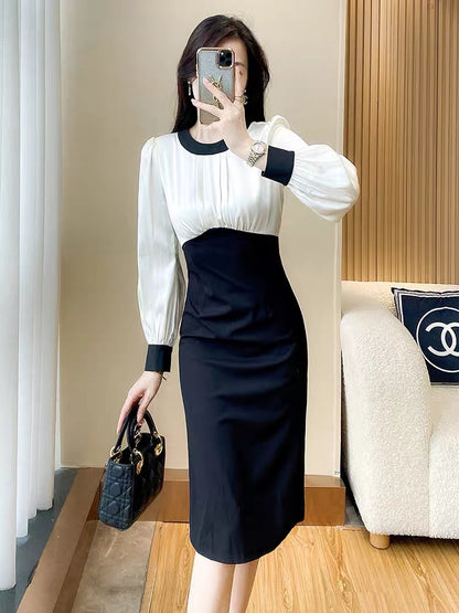 Long-sleeved dress for women in autumn 2023 new royal sister style fashionable temperament black and white contrasting color waist slimming hip skirt