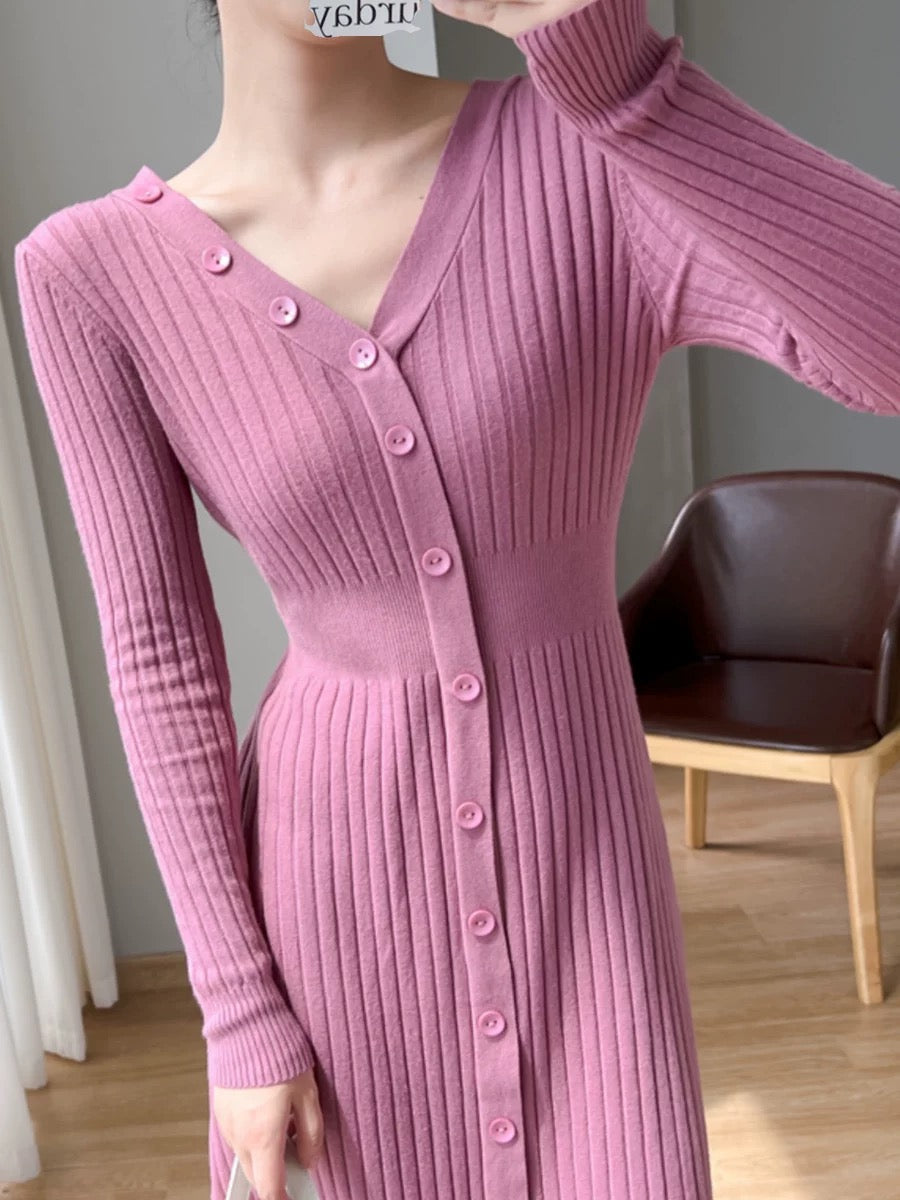 Light and mature V-neck knitted dress for women in autumn and winter, slim-fitting and temperament, mid-length slimming and temperamental fishtail sweater skirt