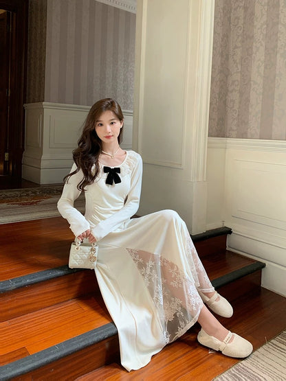 WITHMXBOOM gray home lace embroidery splicing dress women's early spring and autumn new French style long skirt