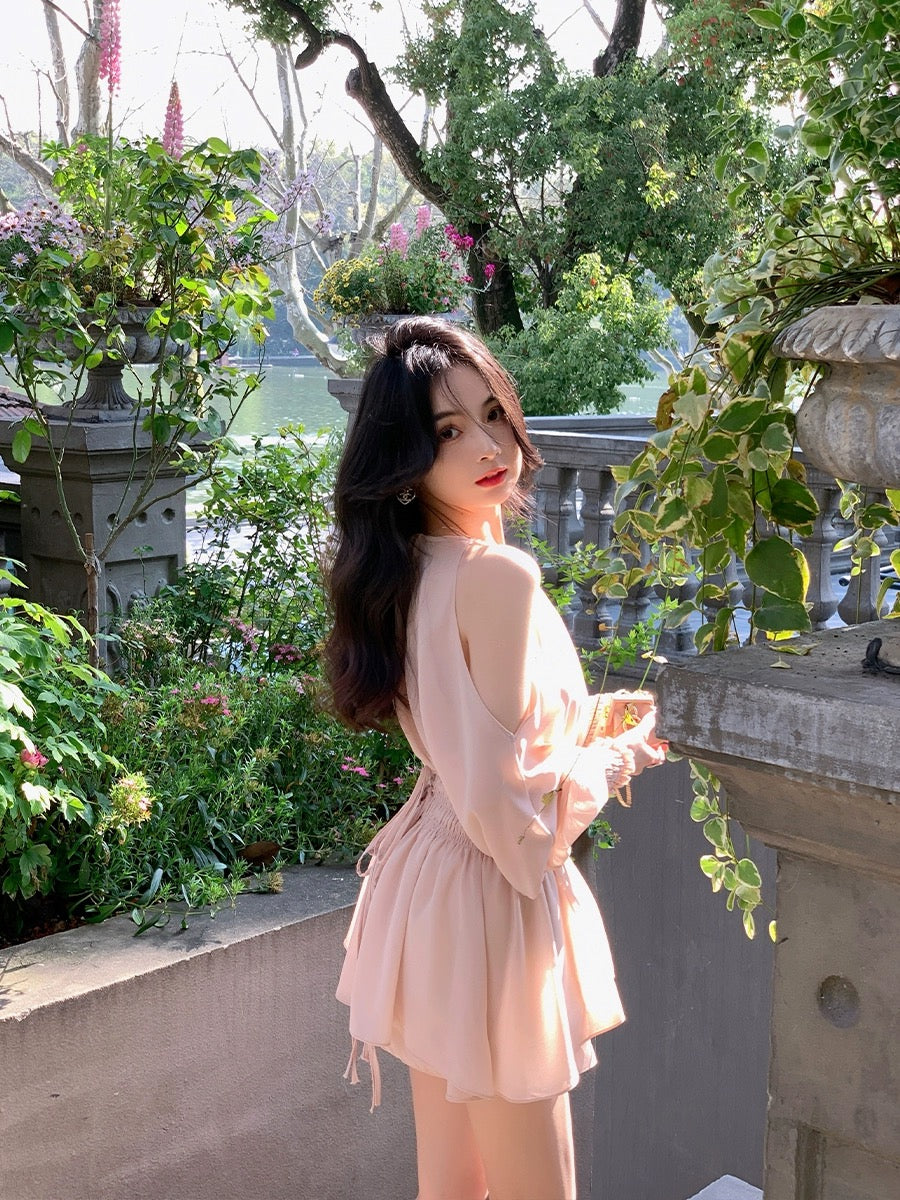 ByYou summer design off-shoulder puff sleeve waist mid-length chiffon shirt set women's high-waisted shorts two-piece set