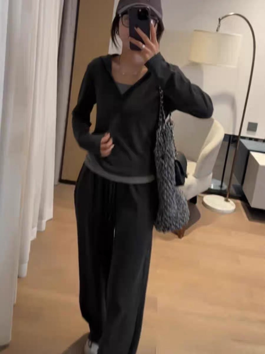 Casual sports style suit women's early autumn hooded sweater lazy wide-leg pants three-piece suit Internet celebrity salt system fried street fashion