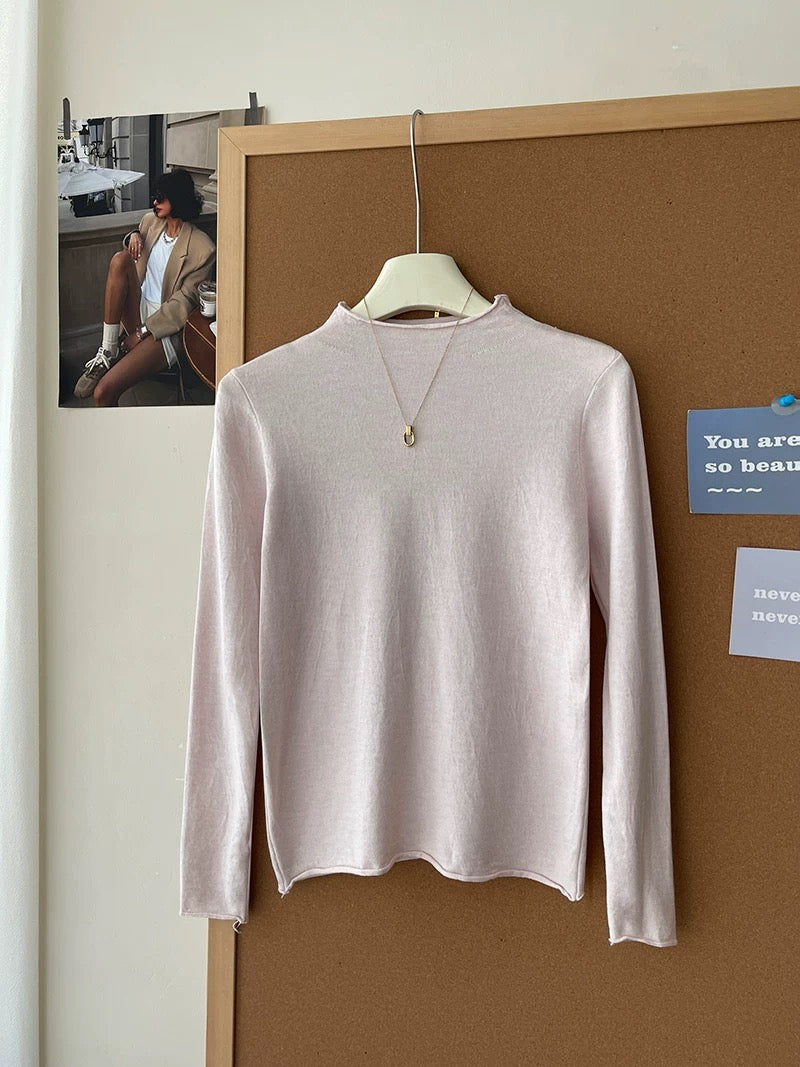 Retro soft and sticky cashmere rolled-edge turtleneck knit sweater for women, autumn and winter, gentle and versatile layering base layer top.