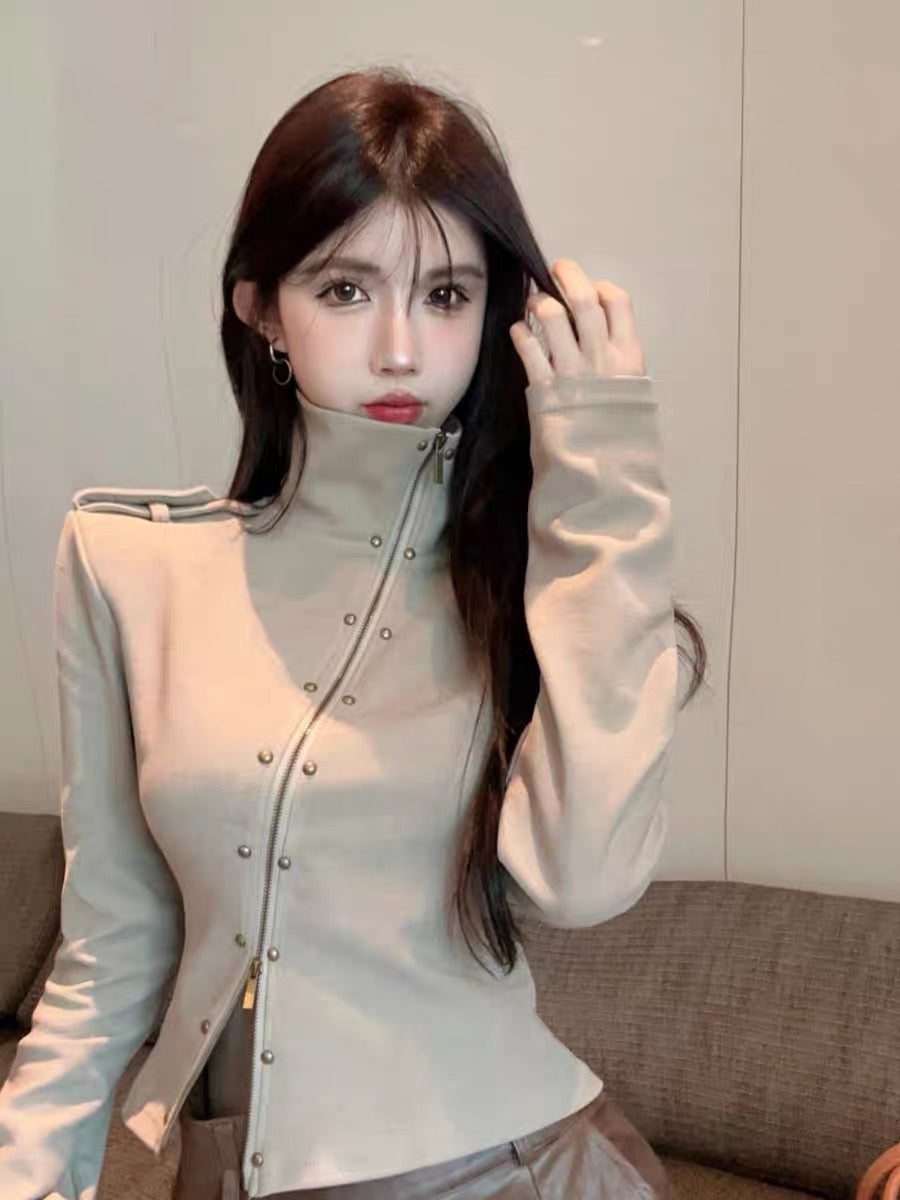 American autumn and winter retro design half-high collar diagonal double zipper rivet sweatshirt jacket women's short cardigan long-sleeved top