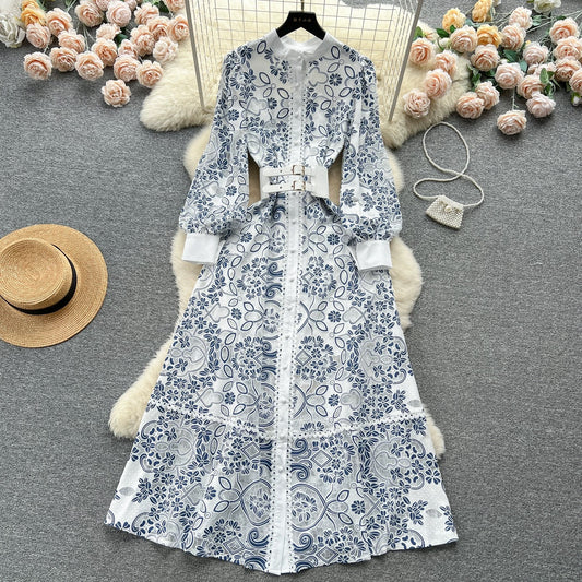 French retro palace style lantern long sleeve stand collar single breasted hook flower hollow lace dress women's waist long skirt