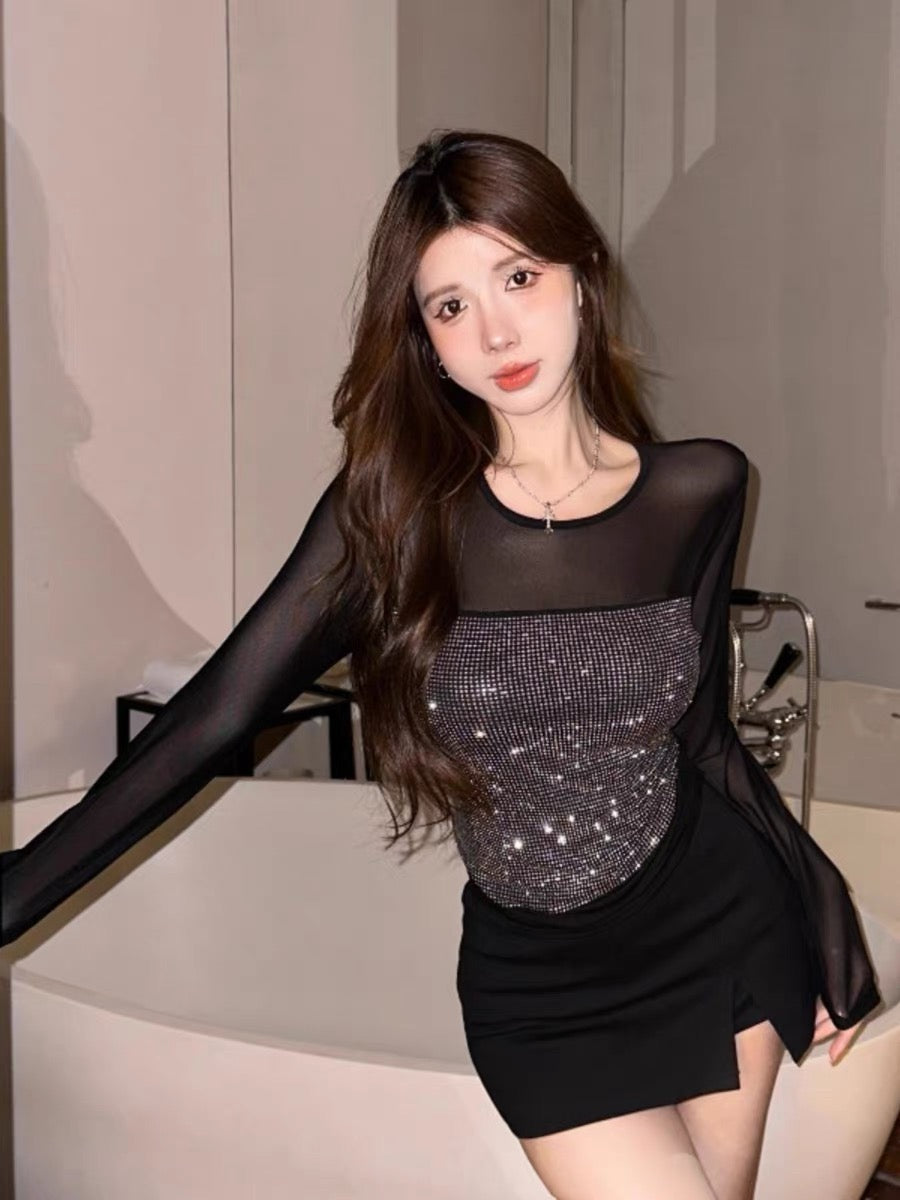 Mesh bottoming shirt for women with autumn and winter thin heavy-duty hot-drilled long-sleeved T-shirt hot girl black short sexy top