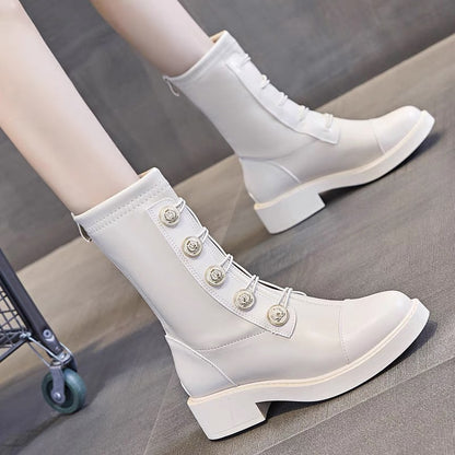 Martin boots 2023 new popular Internet celebrity knight boots flat mid-calf boots plus velvet short boots for women autumn and winter off-white