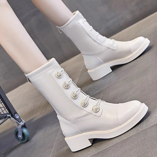 Martin boots 2023 new popular Internet celebrity knight boots flat mid-calf boots plus velvet short boots for women autumn and winter off-white