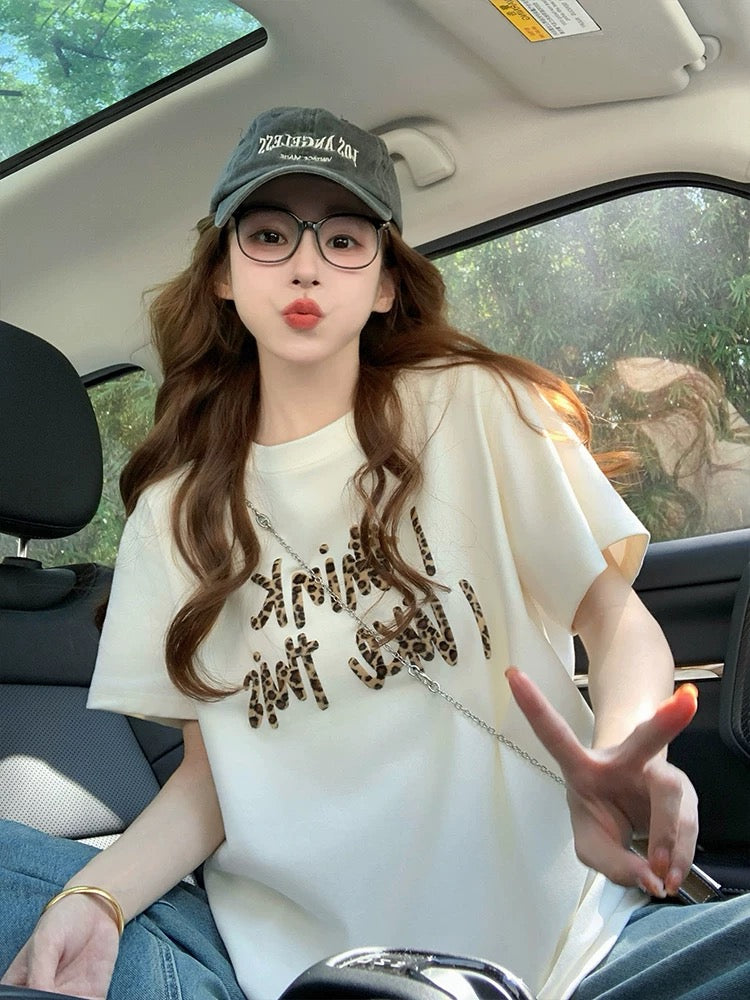 Retro letter print short-sleeved T-shirt for women 2025 new summer American trendy brand leopard print design loose top