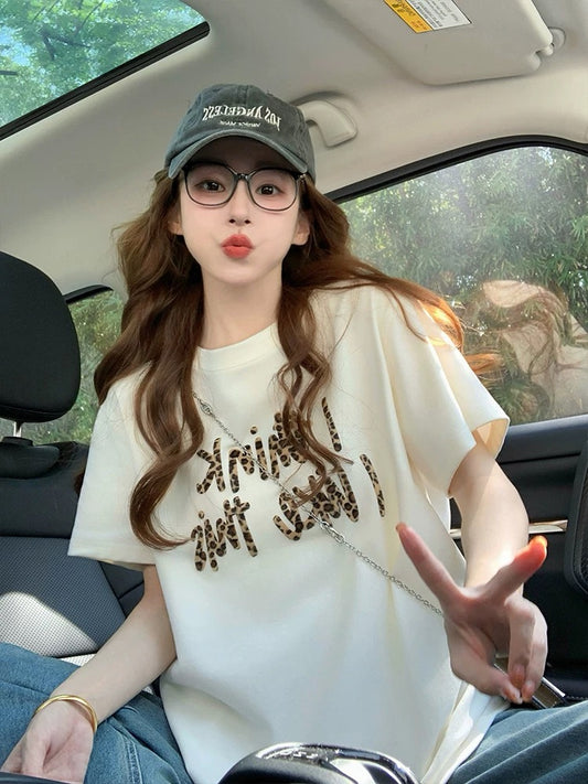 Retro letter print short-sleeved T-shirt for women 2025 new summer American trendy brand leopard print design loose top