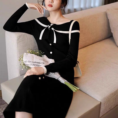 European station autumn clothing Internet celebrity new temperament little black skirt intellectual and elegant knitted shirt long skirt high-end dress
