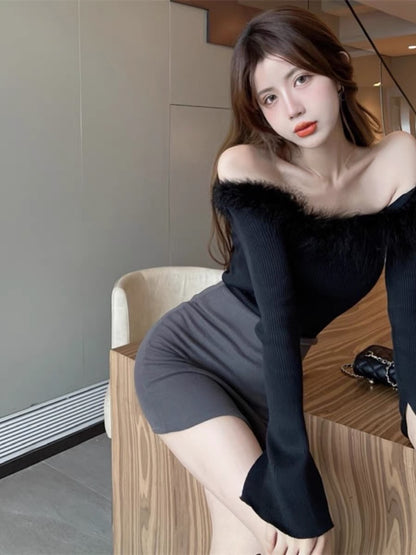 Spring tops for women, pure lust style, sexy sweet hotties, short one-shoulder fur collar, long-sleeved slits, slimming knitwear