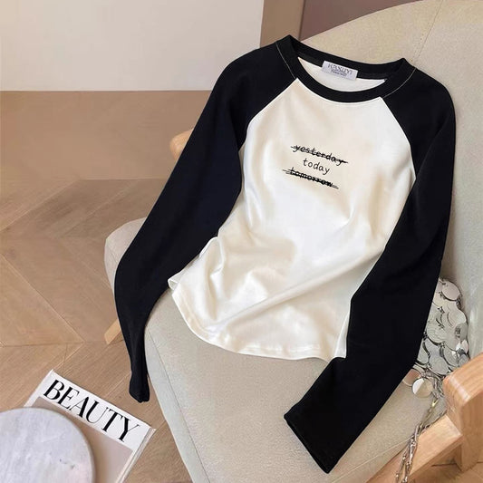 Contrast color pure cotton inner wear design sense splicing long-sleeved T-shirt female 2025 autumn and winter new European goods loose slim top M