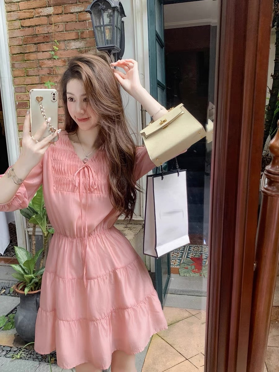 Fish Rabbit's Rabbit Gentle Wind Dress 2023 New Women's Summer Niche Waist Slim V-neck A-line Skirt