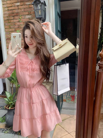 Fish Rabbit's Rabbit Gentle Wind Dress 2023 New Women's Summer Niche Waist Slim V-neck A-line Skirt